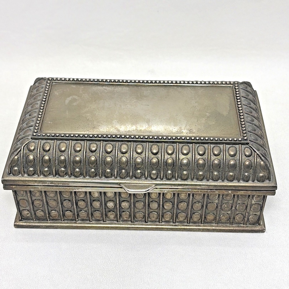 Vintage Sheridan Silver Jewelry Trinket Box MCM Blue Velvet Old Money Hobnail